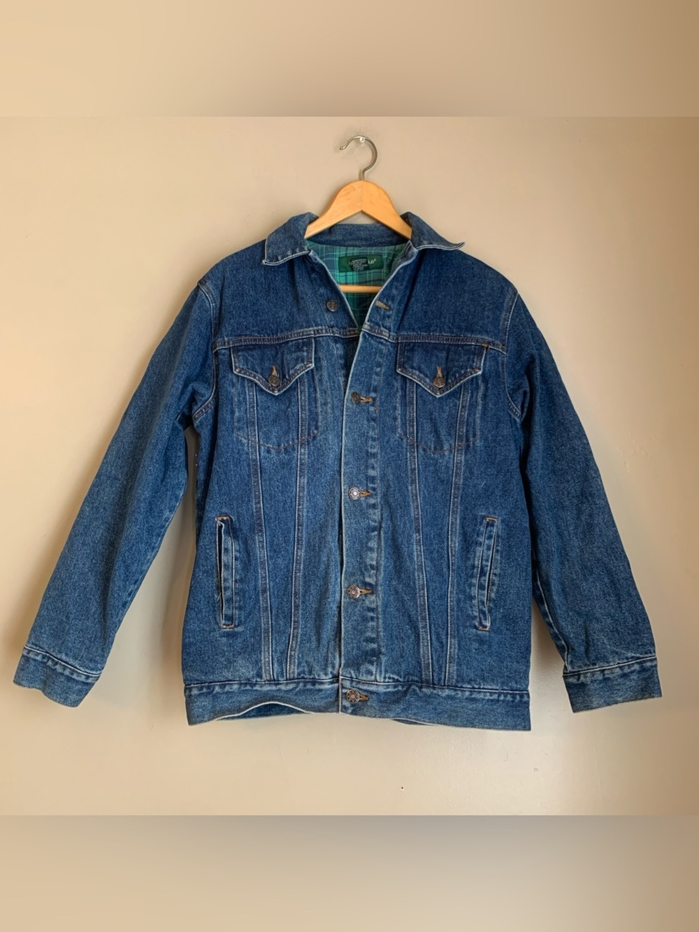 Vtg Hunt Club Jean jacket Blue Green Plaid Lined Denim Coat Mens Medium Trucker